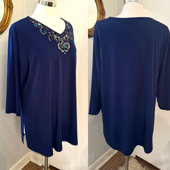 Susan Graver Artisan Top Size XL  Blue Beaded V Neck 3/4 Sleeve Tunic Blouse - Picture 2 of 15